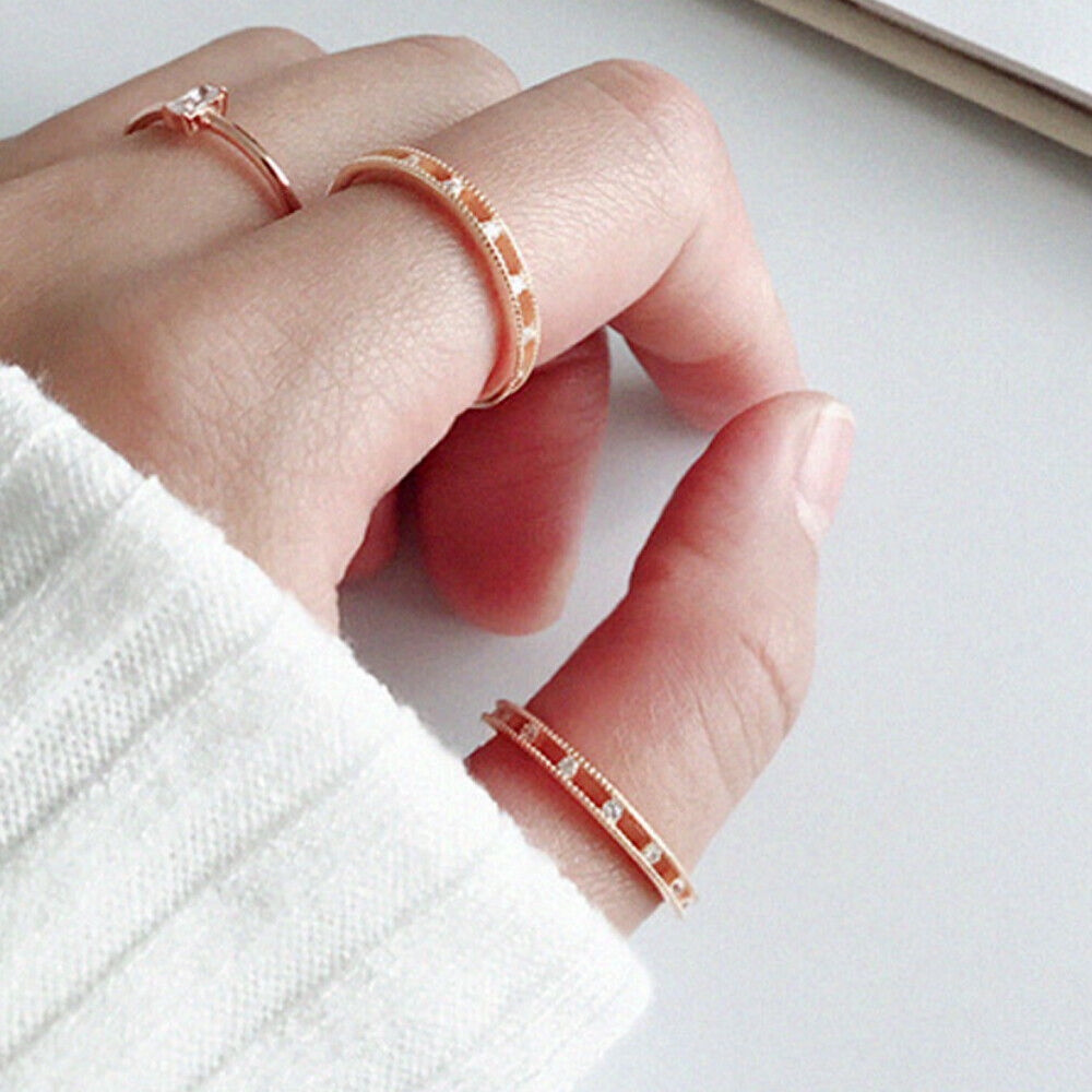 Women Rose Gold-plated Sterling Silver CZ Square Band Pinkie Thumb Ring A3372