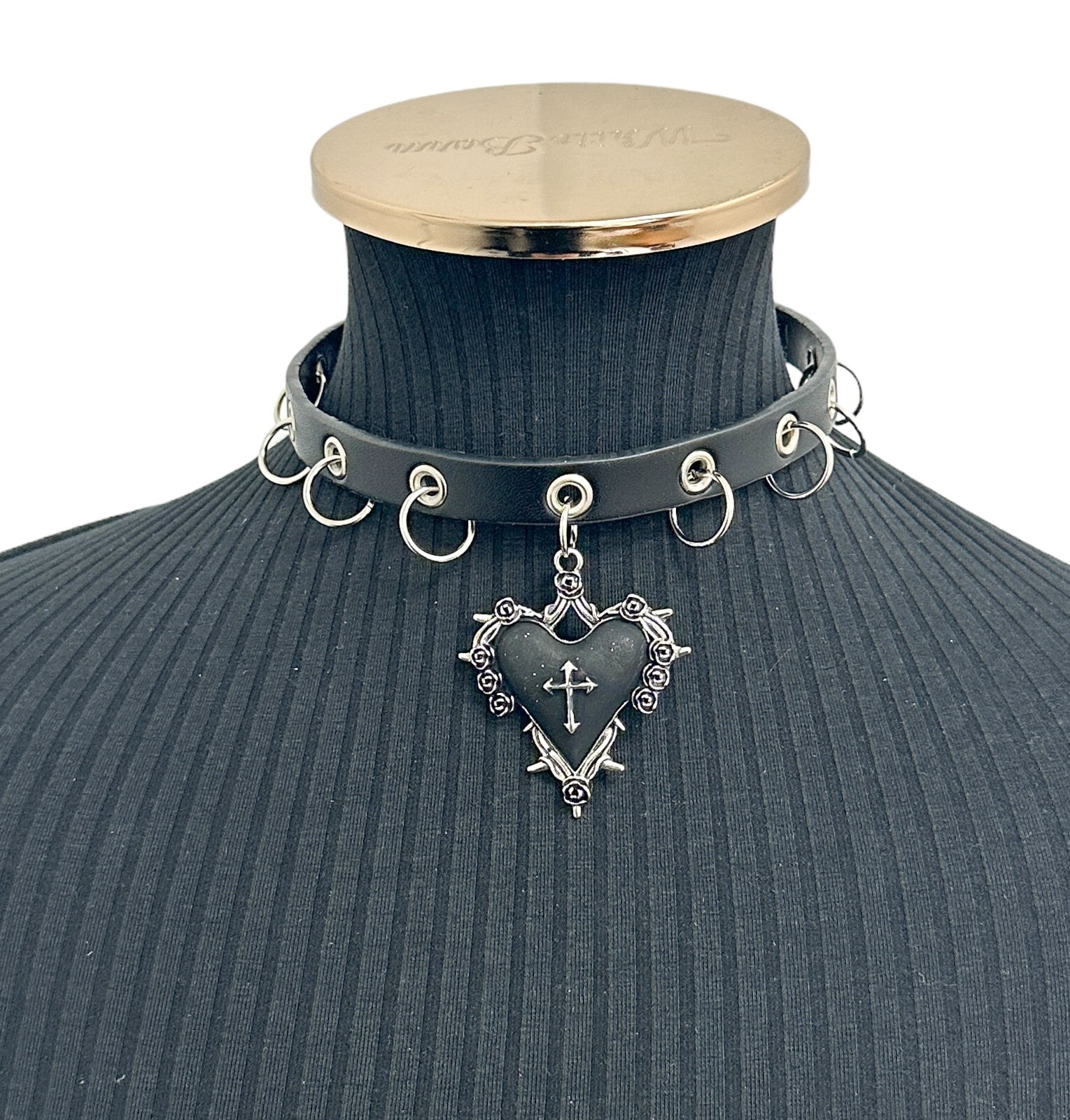 Black Gothic Heart Cross Rose Leather Bondage Punk Goth Alt Choker Necklace