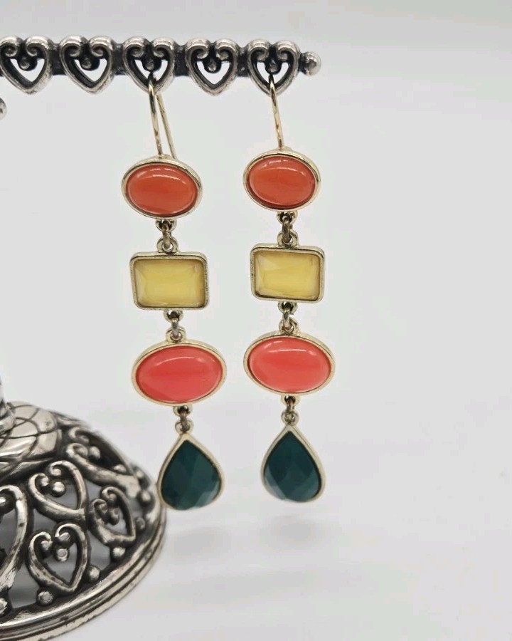 Liz Claiborne Geometric enamel Dangle Earrings 80s Retro Green Orange Yellow 3 “