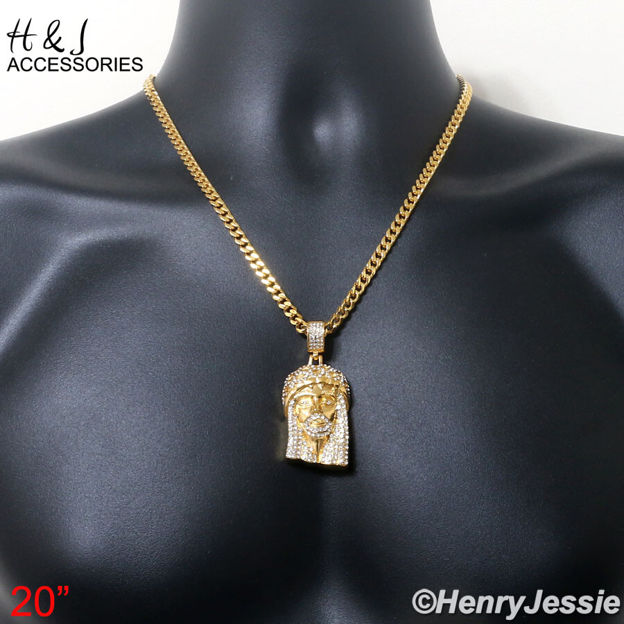 18″-40″Stainless Steel 5mm Gold Plated Cuban Chain ICY CZ Jesus Head Pendant*150