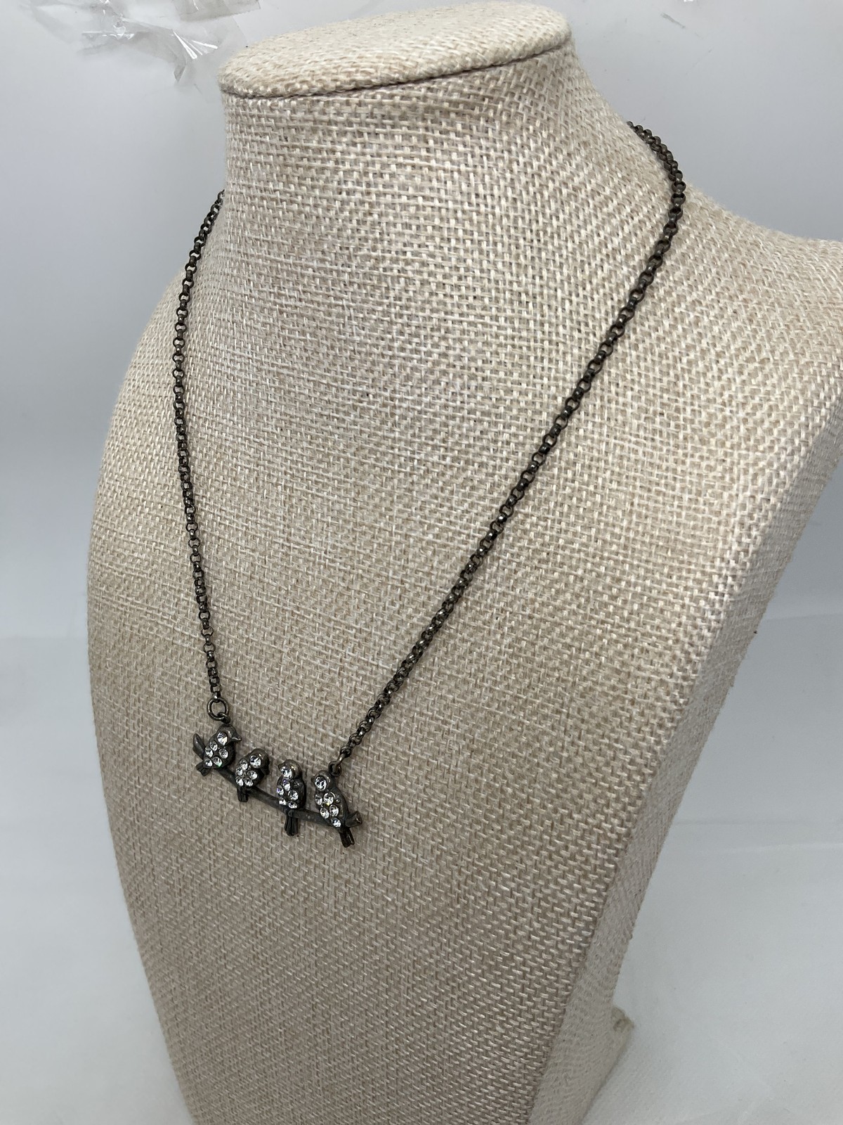 Catherine Popesco France Birds on a Branch Necklace Silver Tone Rhinestone 17″