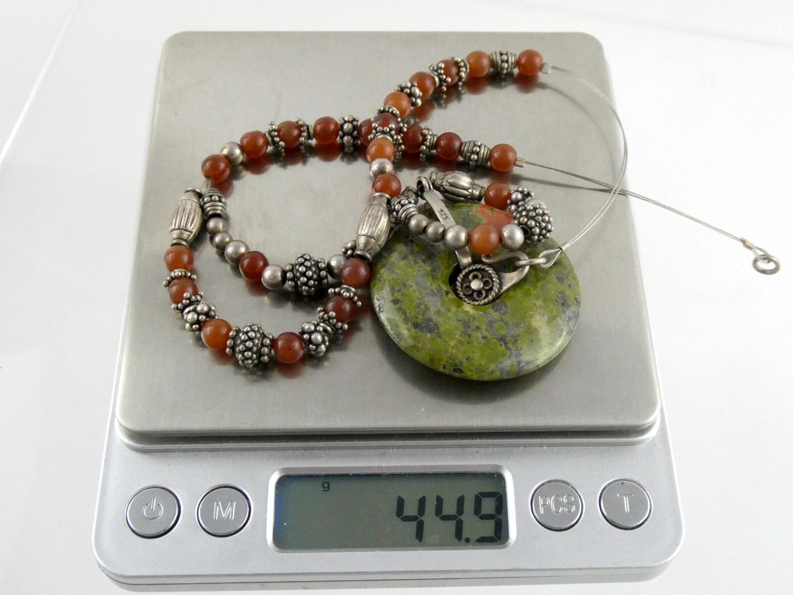 Sterling Silver Unakite Carnelian Double Strand Pendant Necklace 925 44.5g 15 In
