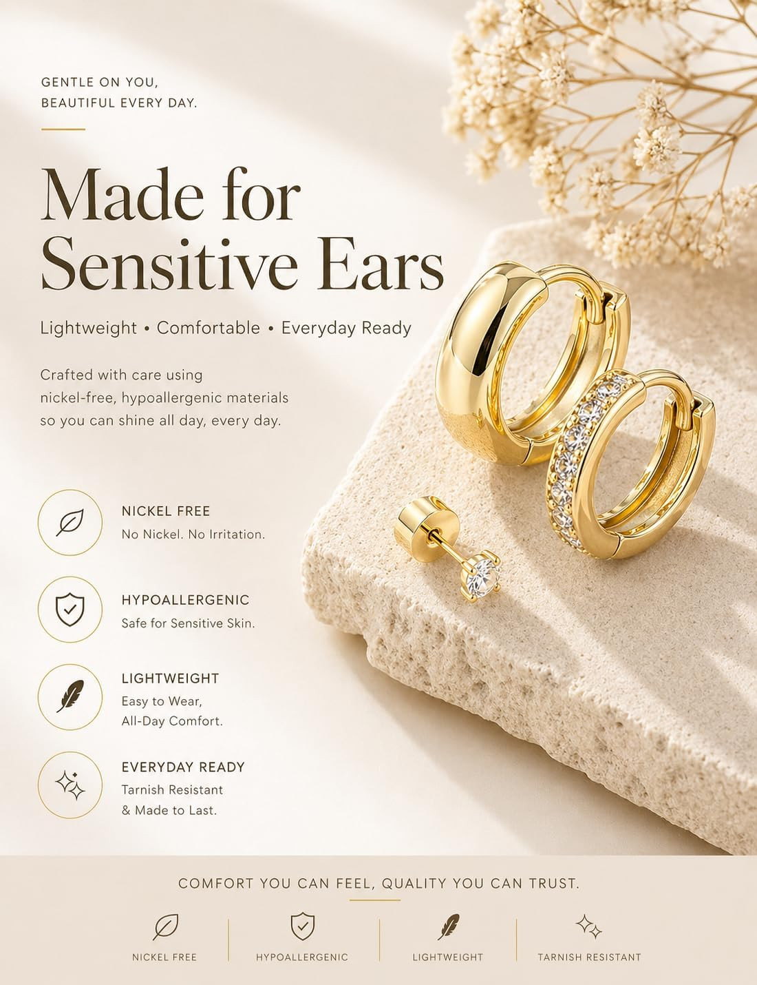 Gold Earring Stack for Women, 3 Pairs 14K Gold Plated Small Huggie Hoop & CZ Stu