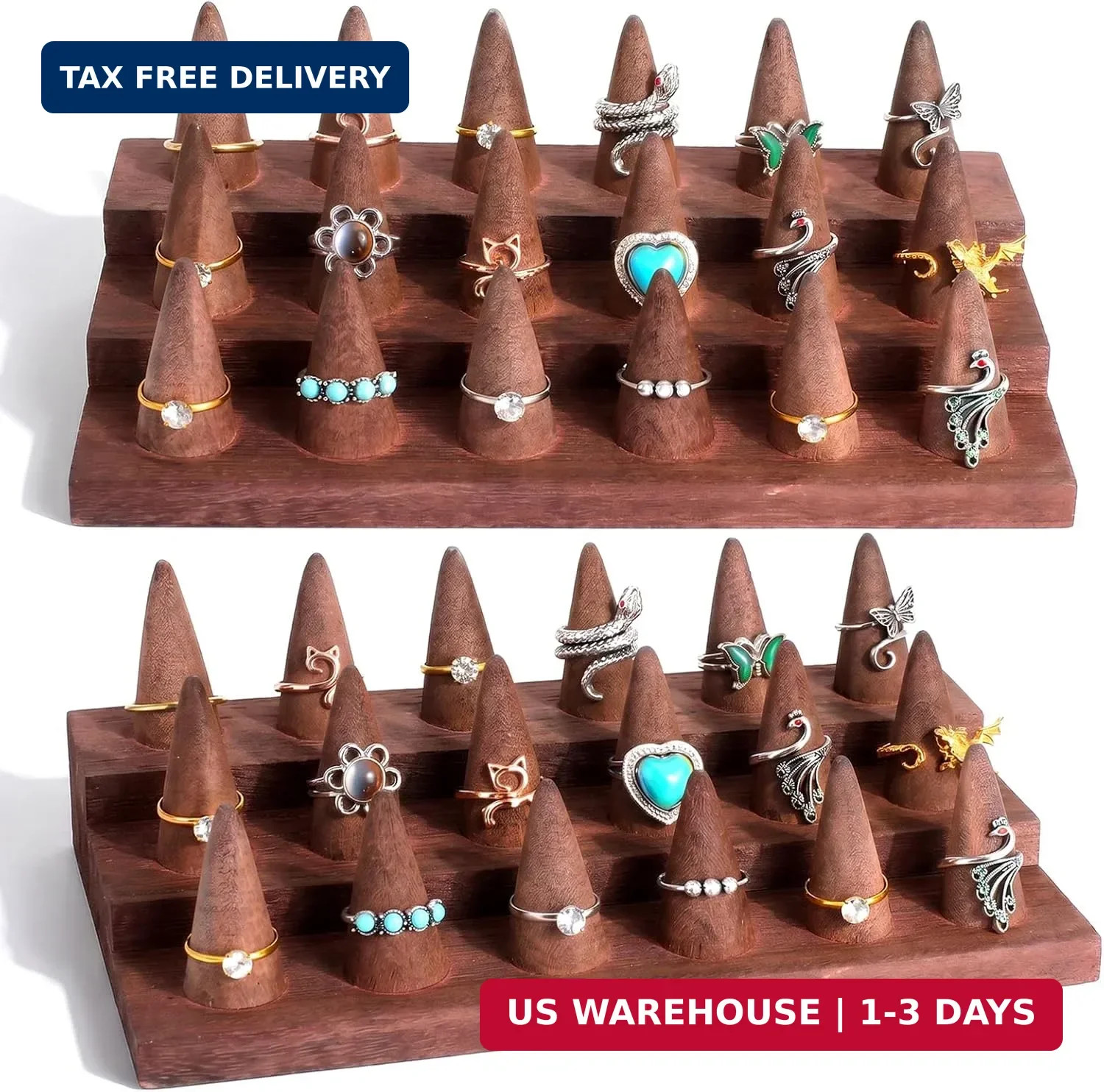 Wood Ring Display – 2 Piece Holder for Jewelry, Wooden Stand, Counter Showcase,