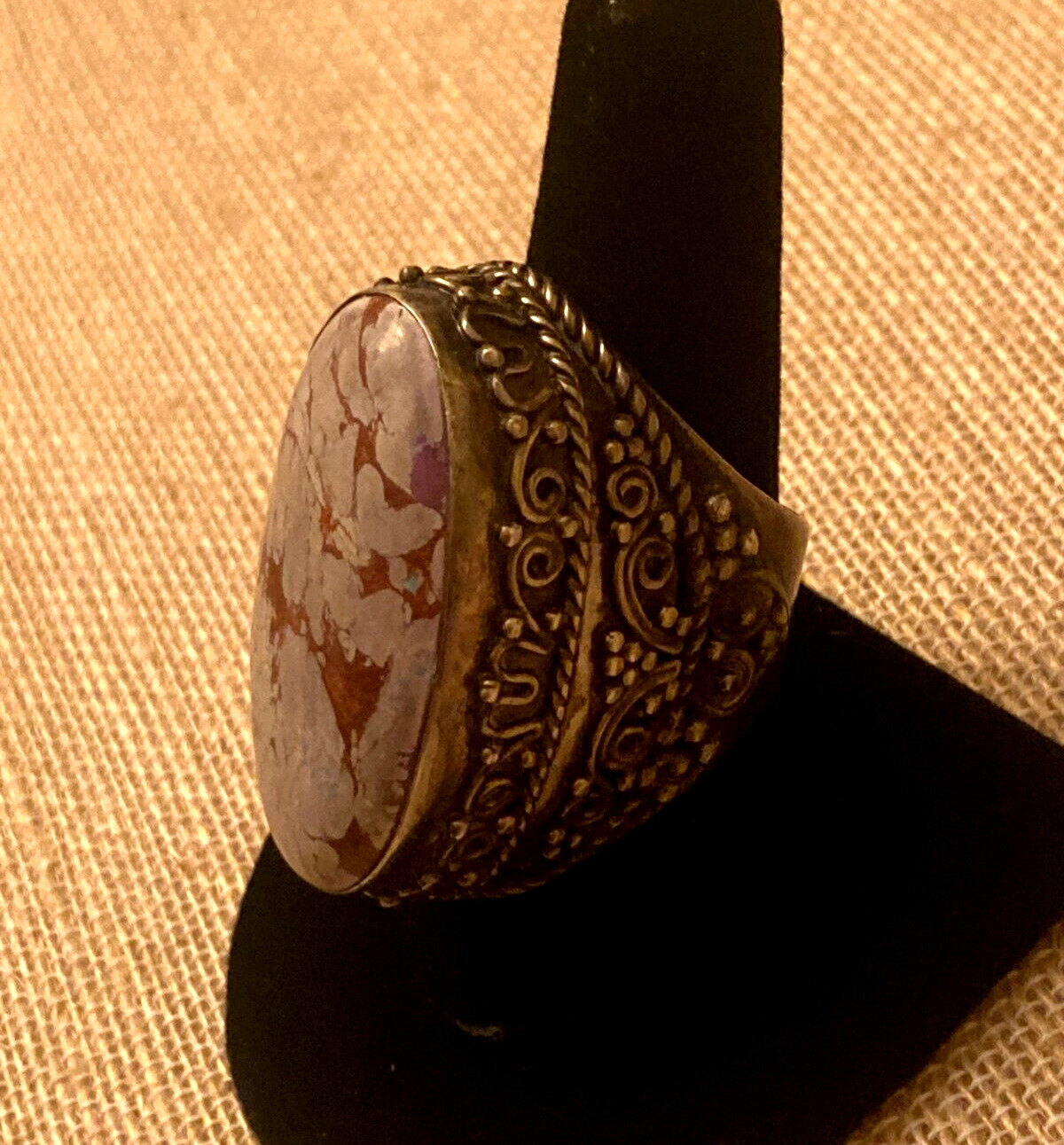Vintage Etruscan Purple Brown Stone Ring Chunky Ornate Statement Size 9.5 READ
