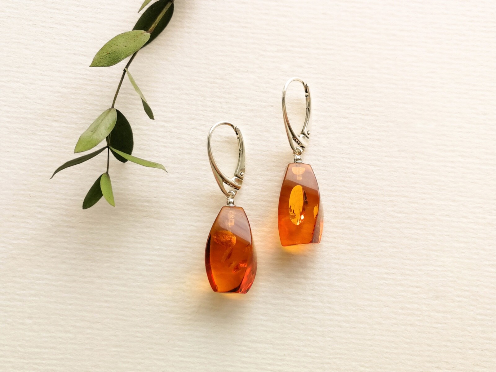 Natural Baltic Amber TORVELA Earrings small cut shape cognac color silver 1,57in
