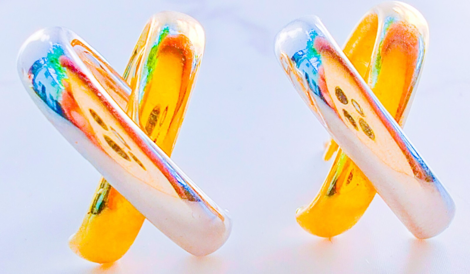 14K Two‑Tone Gold X‑Design Earrings • 2.50g • Snap‑Bar • Marked 14K Israel