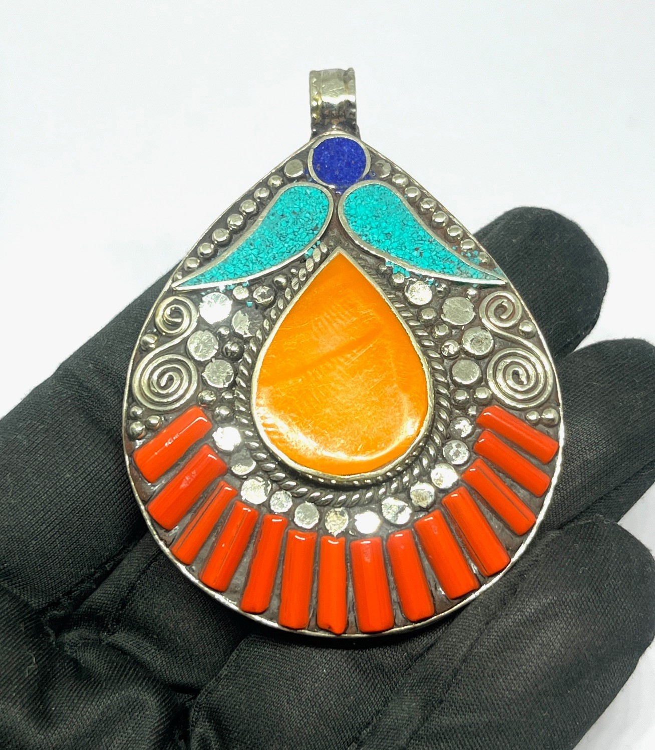 Antique Amber Coral Turquoise Gemstone Tibetan Style Pendant Jewelry, 2.9 inch