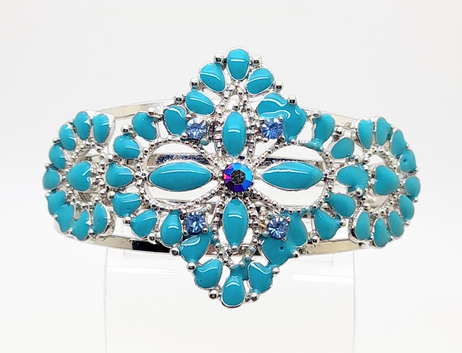Modern style Silver Tone Metal 1.75″ Wide Cuff blue enamel fashion Bracelets