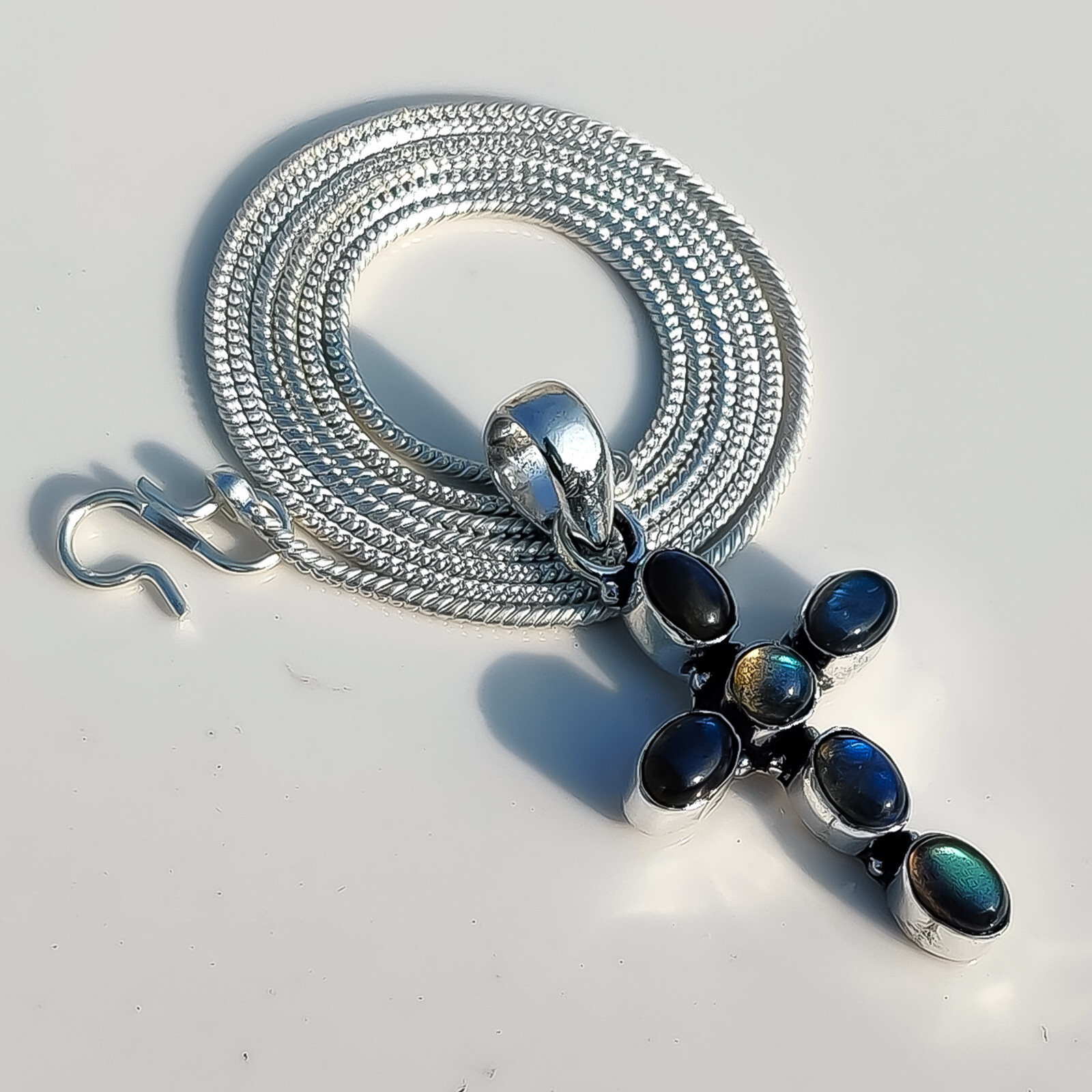 Blue Fire Labradorite Multi Gemstone 925 Sterling Silver Cross Pendant /pk-34