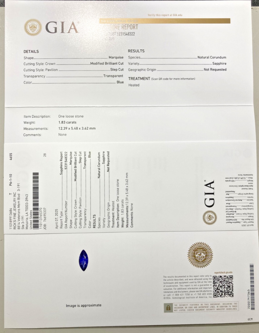 G I A Certified 1.83 ct. Natural Blue Sapphire Loose Marquise