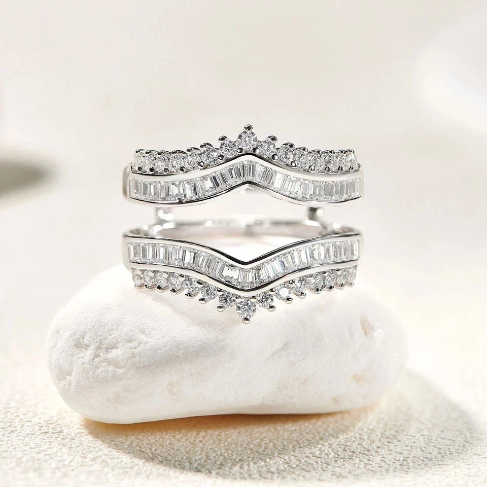 Round & Baguette Lab Created Diamond Wedding Enhancer Ring 14K White Gold Plated