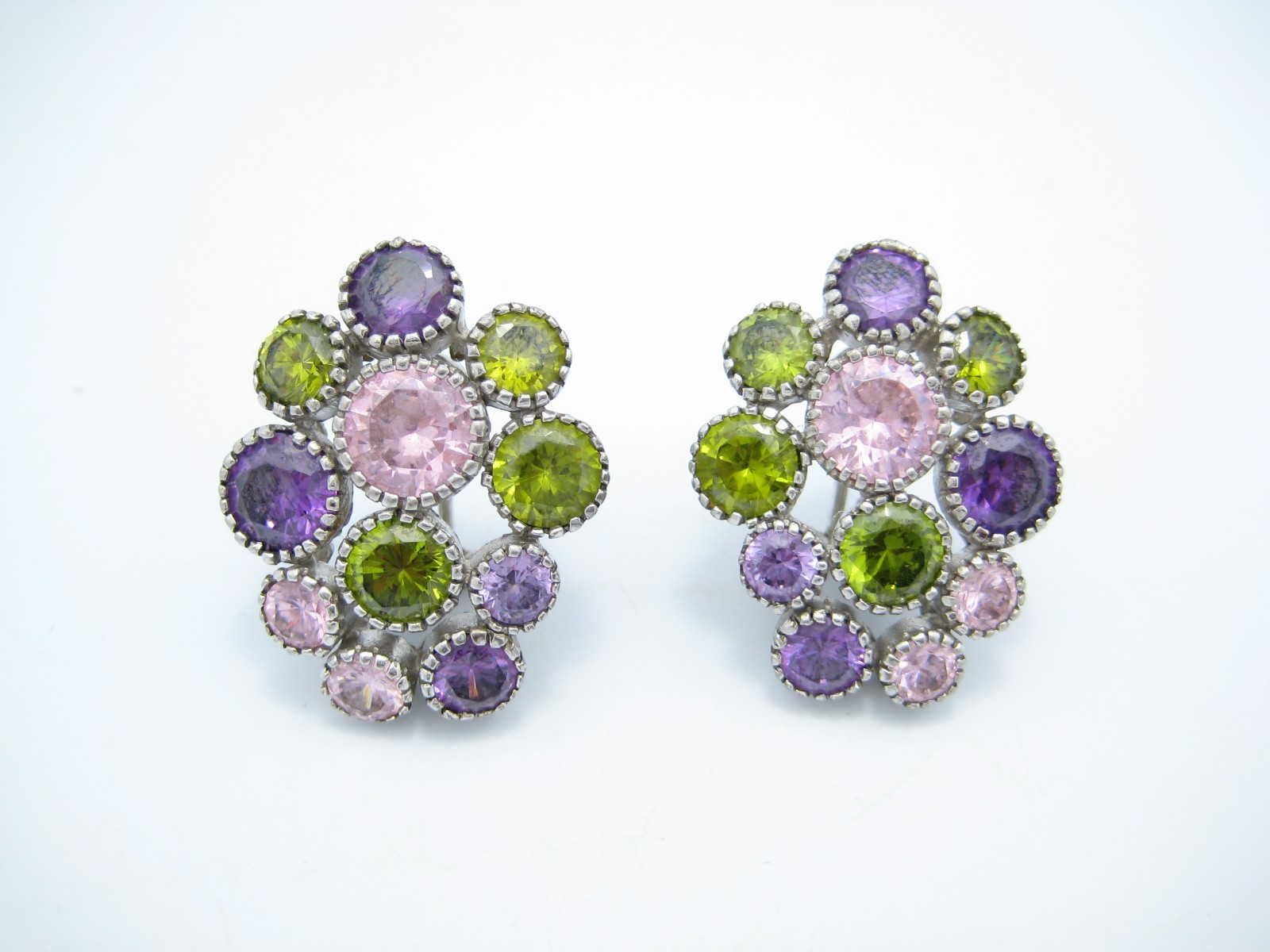 Sterling Silver Stud Green Purple Pink Flower Cluster Earrings