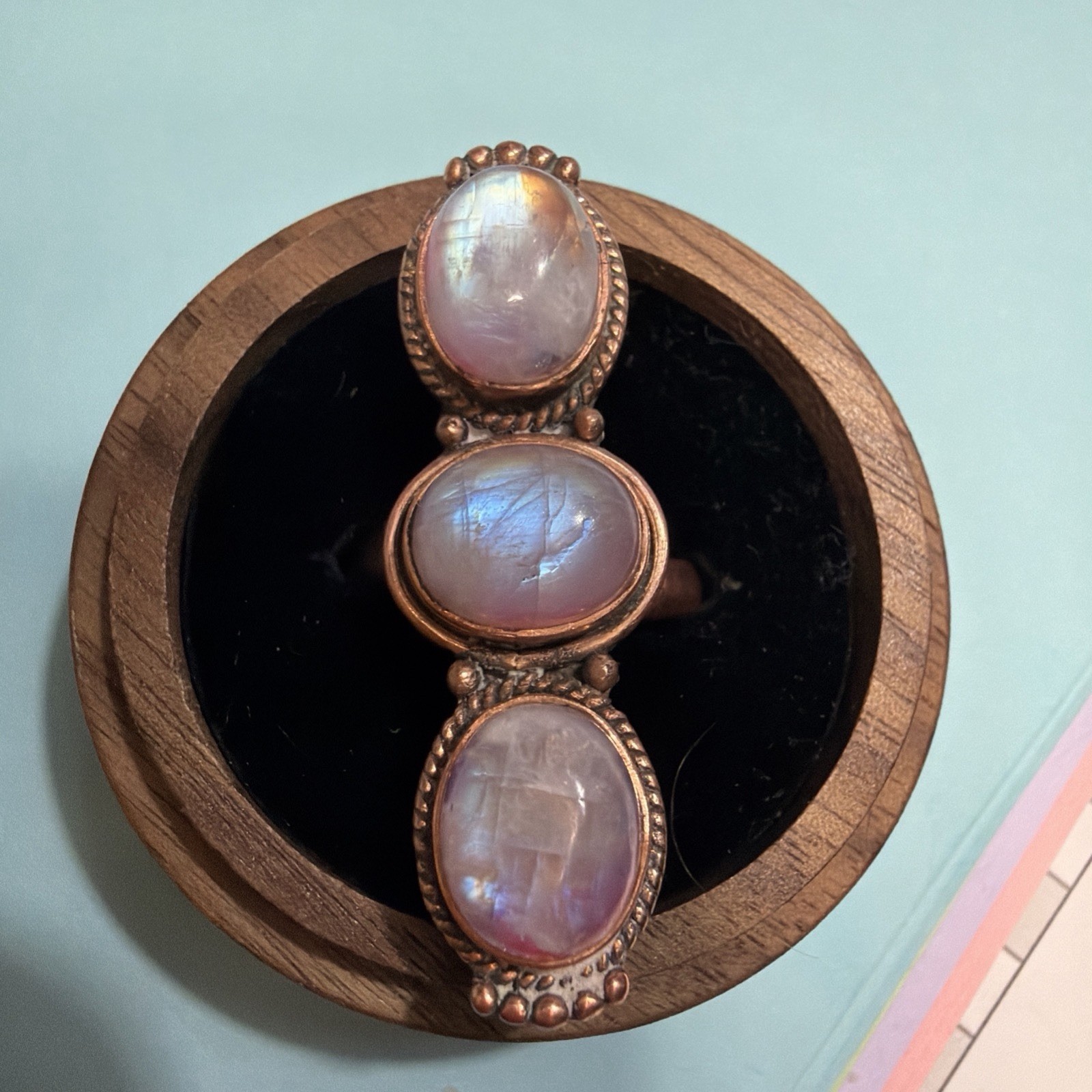 Pink Moonstone Copper Adjustable Ring Sz 7-9