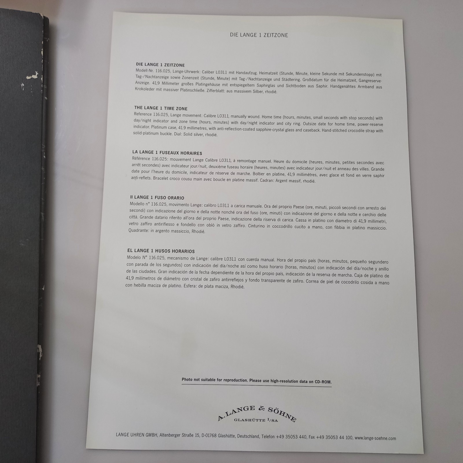 Rare 2005 A. Lange & Söhne Lange 1 Time Zone Press Kit & Technical Drawings