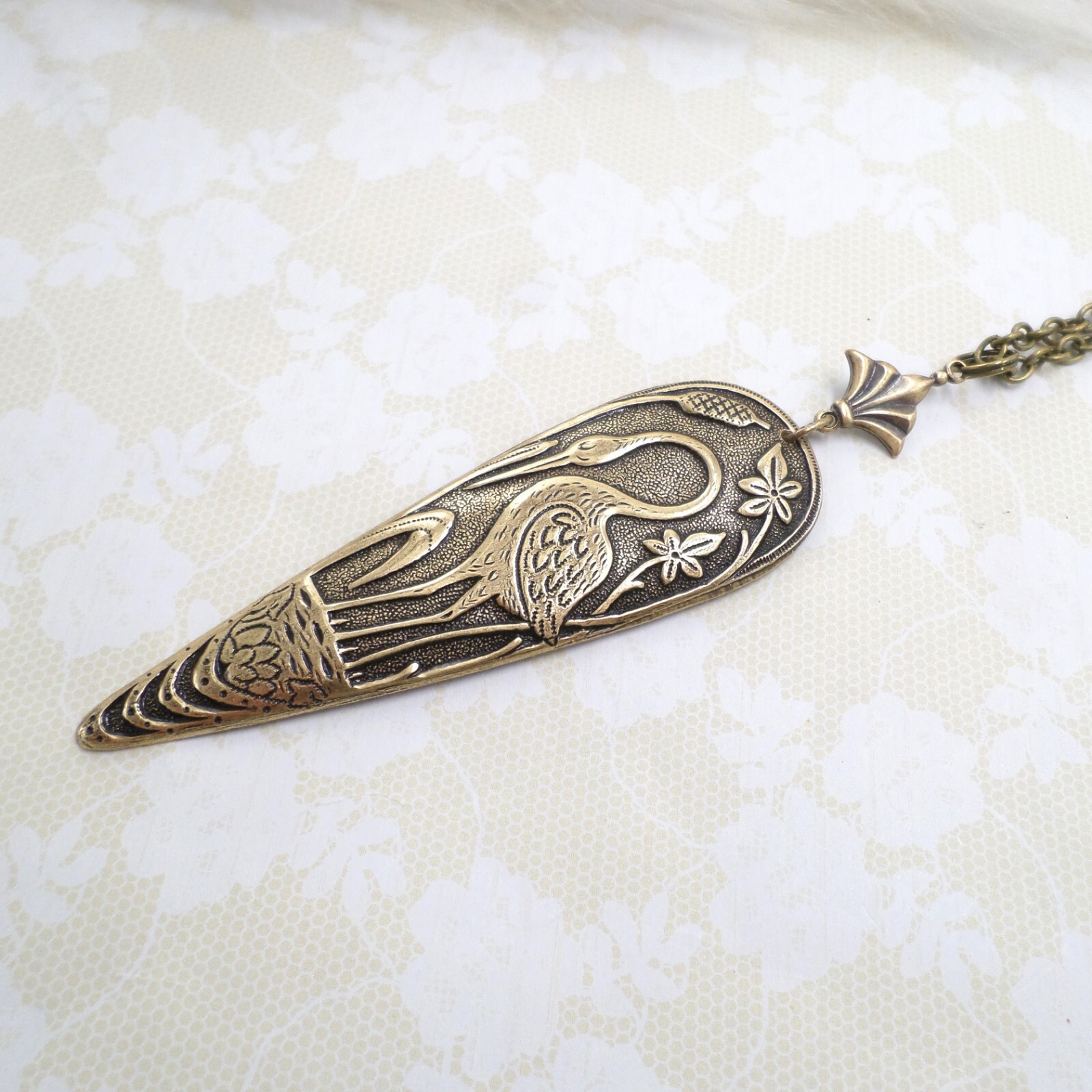 Antique Brass Heron Crane Pendant Necklace, Art Nouveau Bird Lover Gift Idea