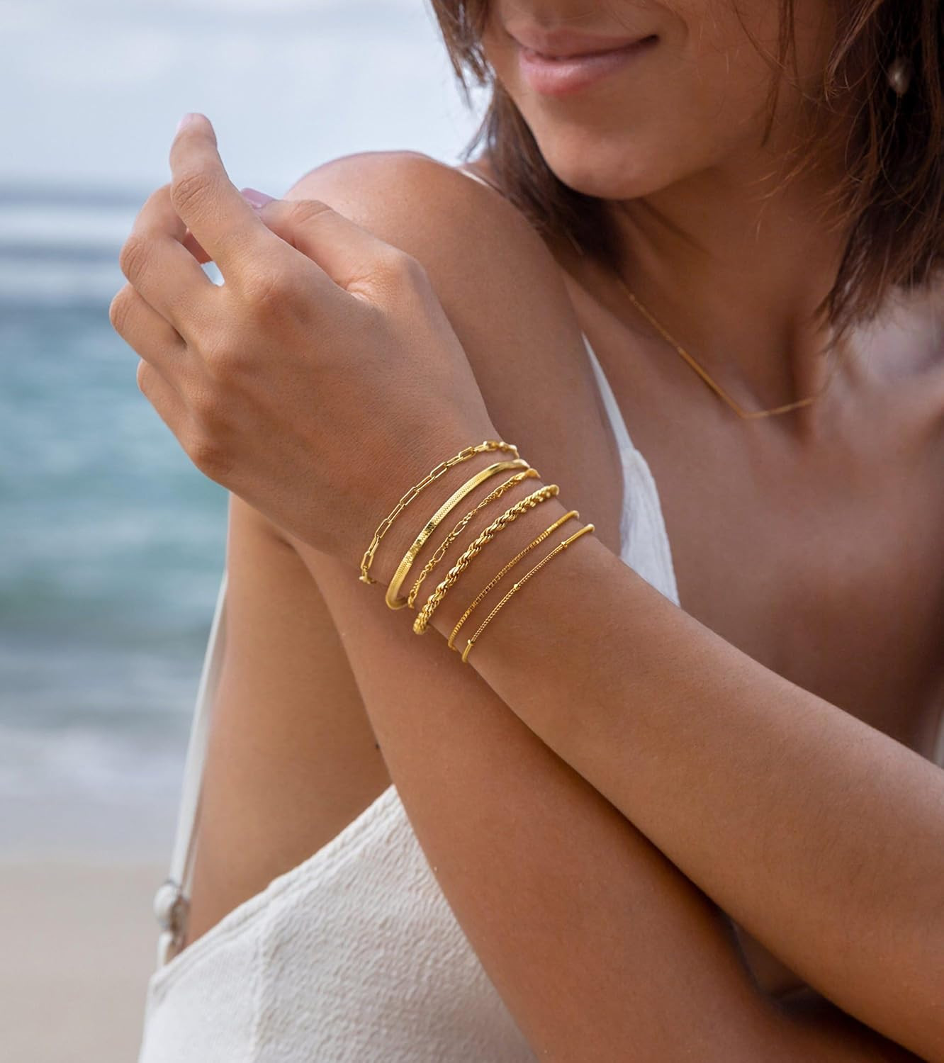 Pulseras Chapadas en Oro 14K Mujer Resistentes al Agua Moda Juego Accesorios