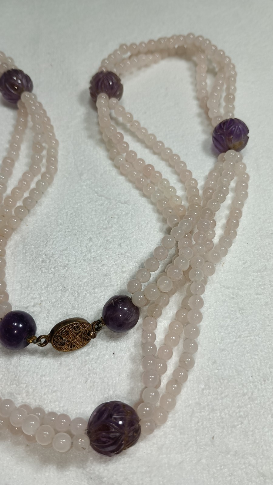 Vintage Chinese Rose Quartz Carved Amethyst Stone Beaded Necklace Silver Clasp