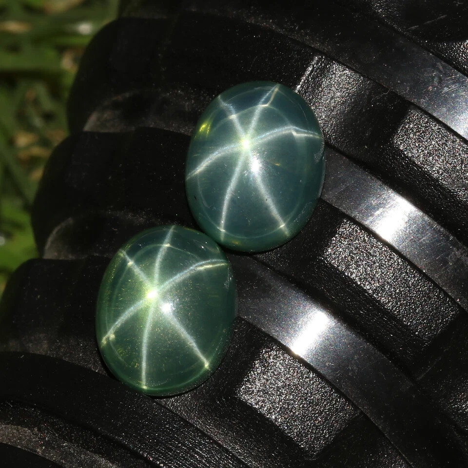Natural Genuine 6 Rays Green Star Sapphire 17.70 Ct. Oval Shape Loose Gems Pair