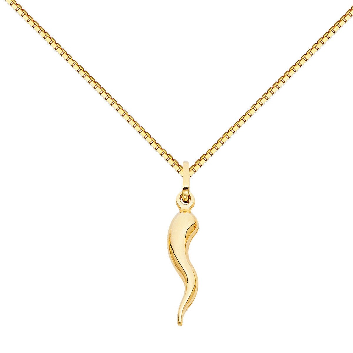 14k Yellow Gold Cornicello Italian Horn Pendant 0.8mm Box Chain Necklace