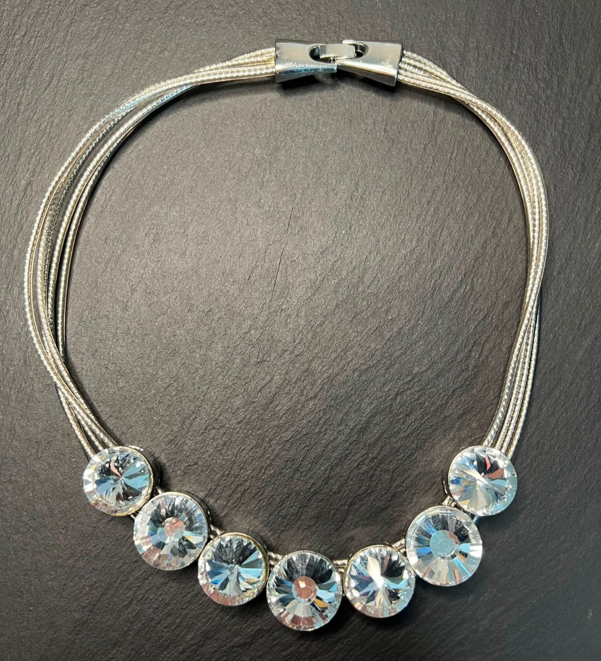 Statement Crystal Rivière Necklace Silver Tone Multi Strand Chain Clear Round St