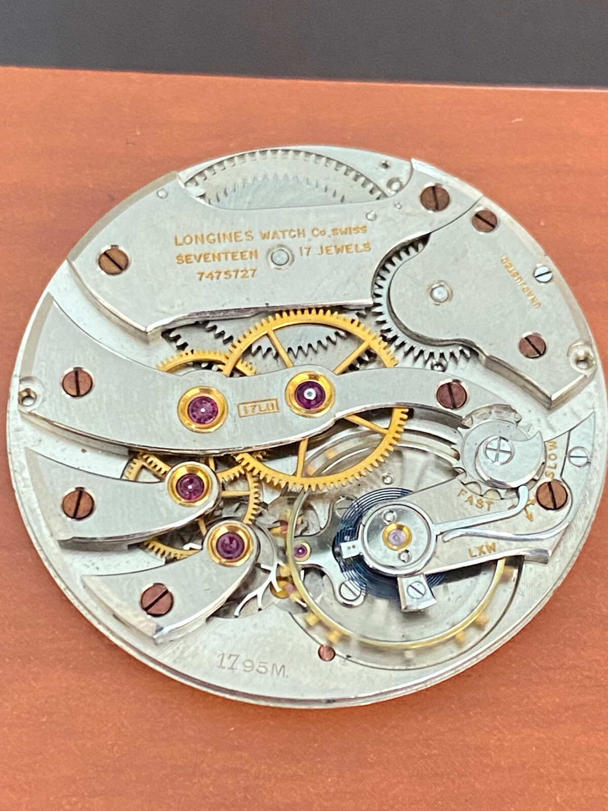 VINTAGE 38MM LONGINES POCKET WATCH MOVEMENT, CAL. 17.95, RUNNING GOOD