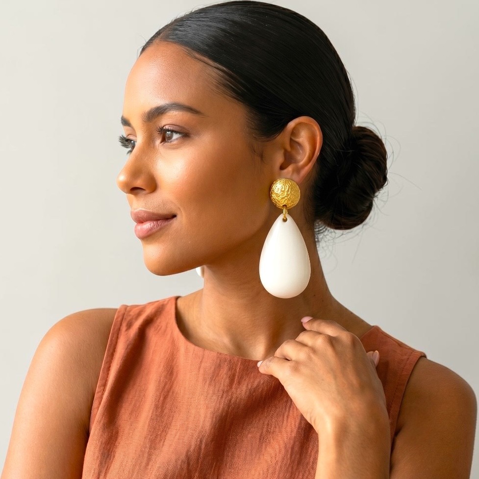 White Resin Teardrop Earrings Gold Stud Statement Drop Dangle Wedding Party Chic