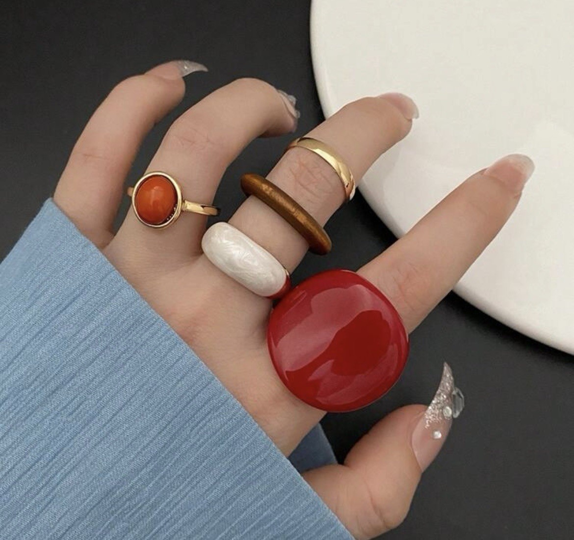 Minimalist 5-Piece Ring Set Resin, Wood, Gold Alloy/Sizes 6.5-8.5/NEW Gift Ready
