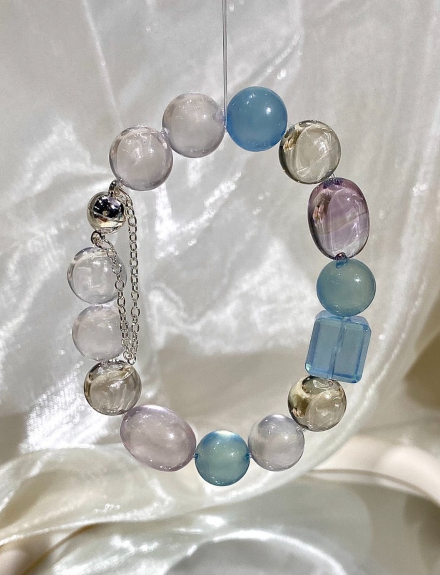 LUSA FEELA Aquamarine Amethyst Crystal Beaded Stretch Bracelet Gift Box