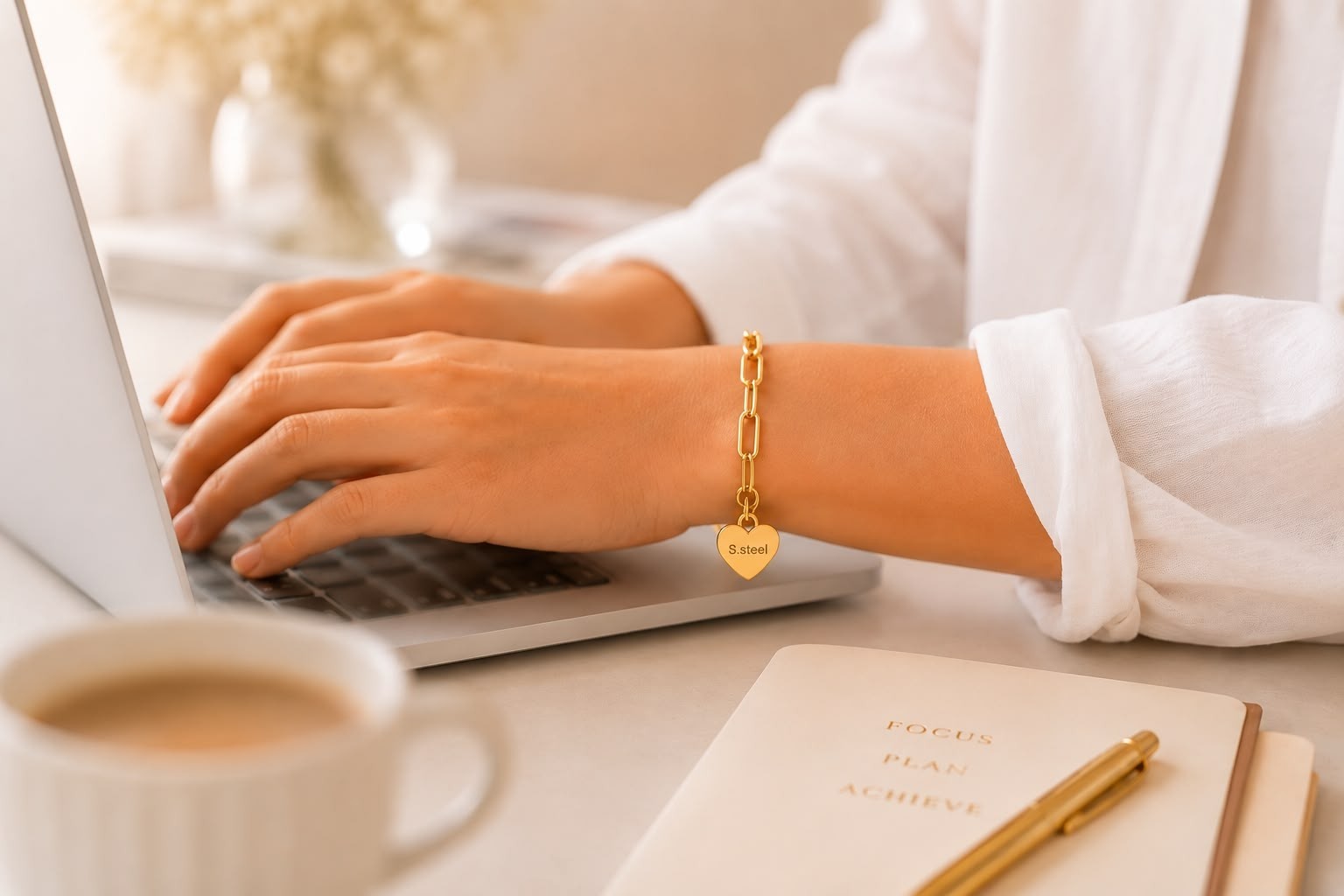 Gold Paperclip Bracelet for Women, Stainless Steel Adjustable Chain, Minimalist