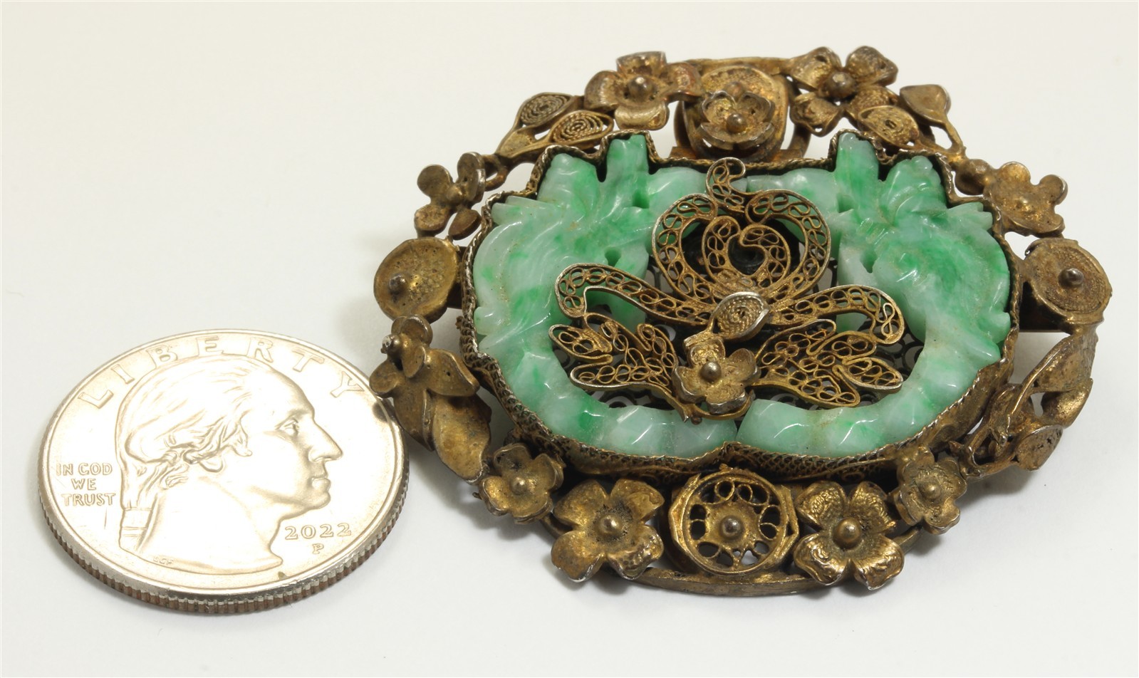 Vintage Chinese Export Sterling Silver Carved Jade Dragon Filigree Brooch Pin