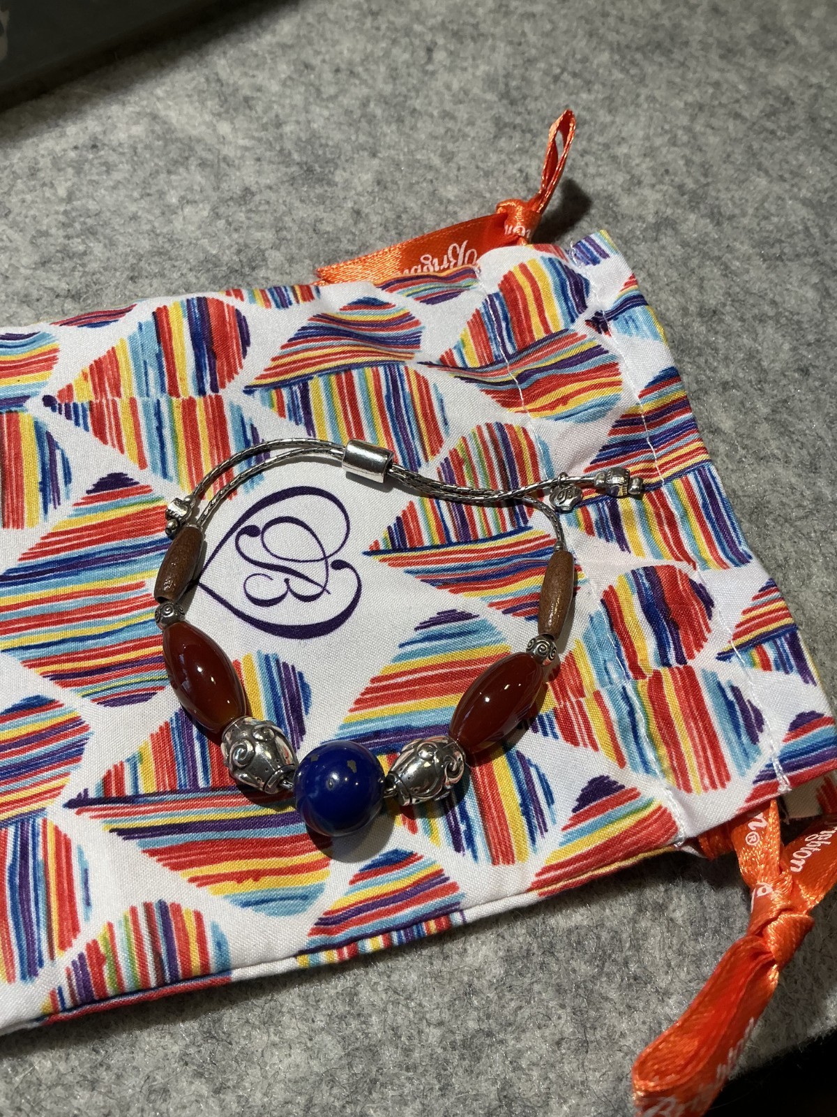 Brighton Sol Bracelet- wood beads blue & orange beads adjustable slider closure
