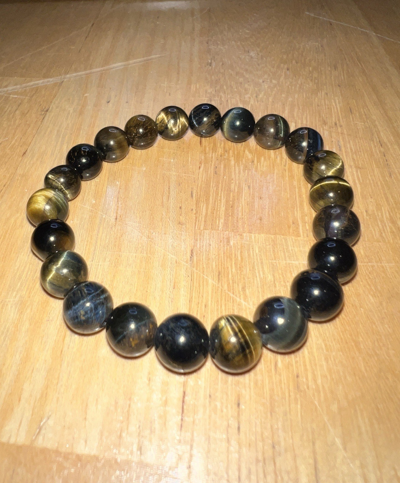 Blue and Yellow Tiger’s Eye Gemstone Round Beaded Stretch Bracelet