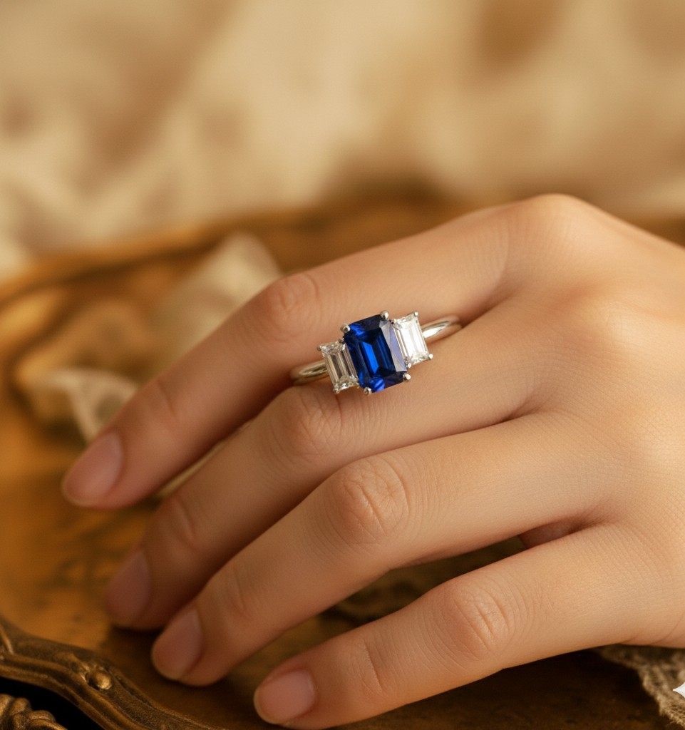 3.51 Ct Emerald Cut Natural Sapphire Diamond Wedding Ring 14K Solid Yellow Gold