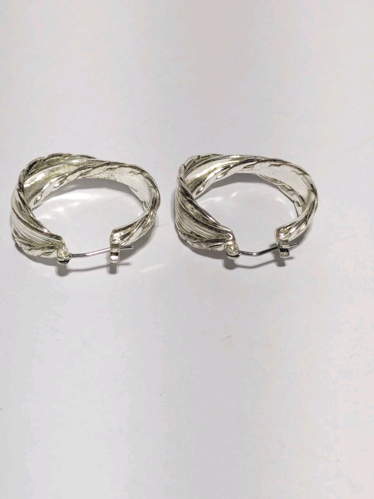 Silver Tone Twisted Textured Hoop Push Lock Dangle Earrings 1″.