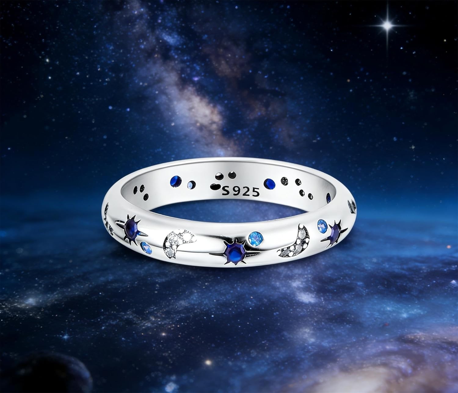 Sterling Silver Women’s 925 Sapphire Stackable Ring Size 9 Sun Moon Star