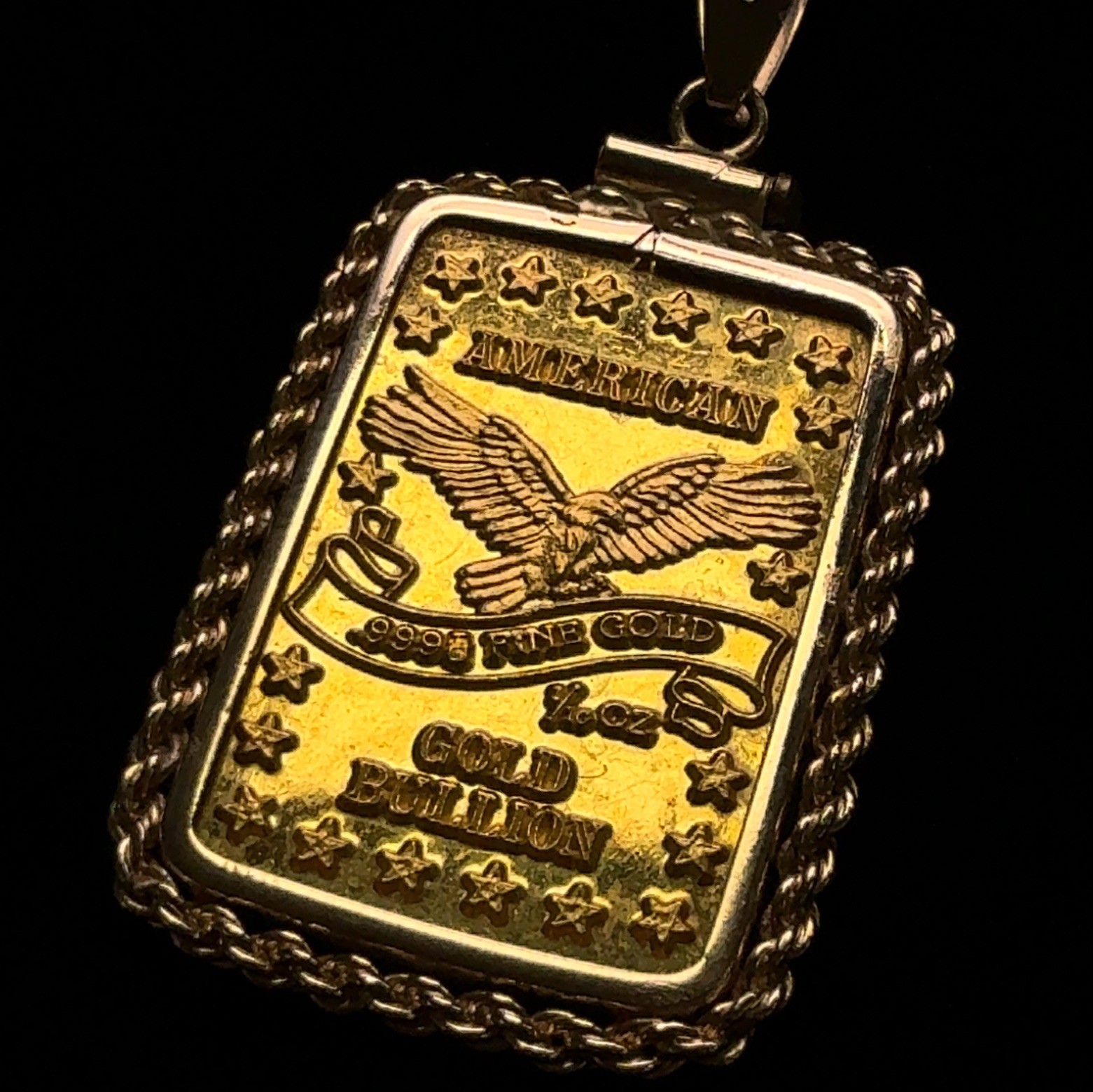 Vintage American Gold Bullion 1/10oz .999 Fine Gold Bar in 14k Rope Bezel 4.95g