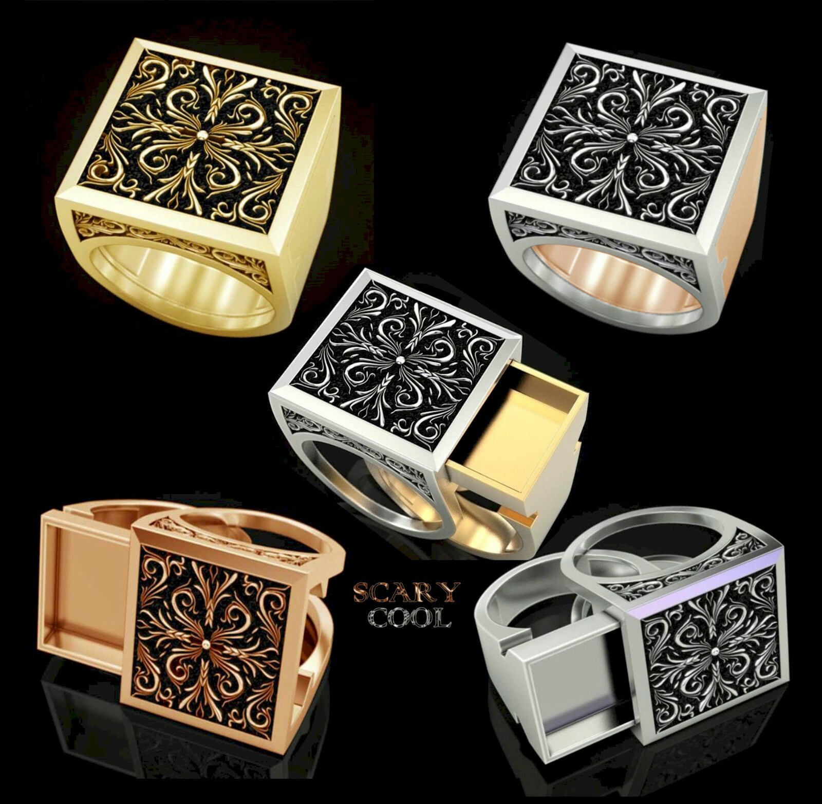 New Embossed Secret Compartment Head Mens Gothic Biker Ring