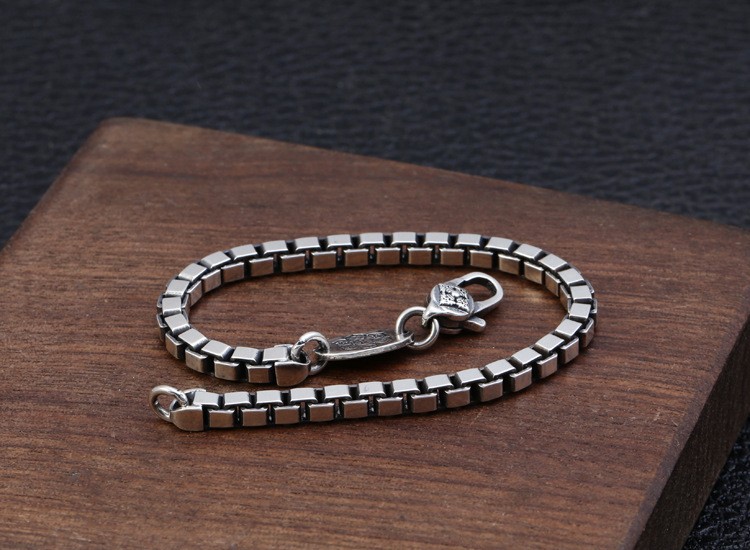Men’s 925 Sterling Silver Venetian Box Chain Bracelet 4mm Square Link 7.87in