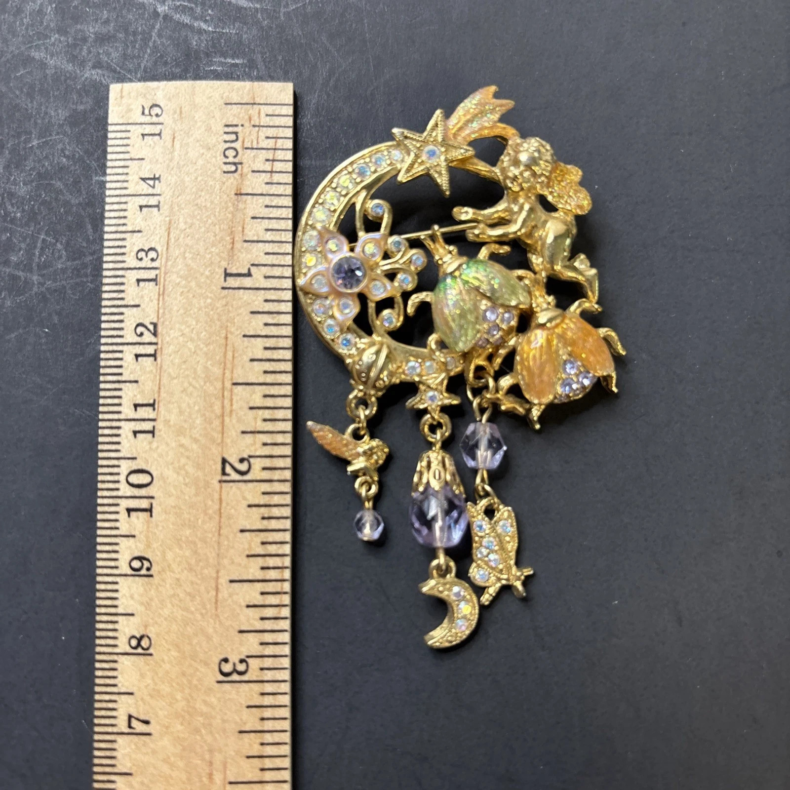 Signed Kirks Folly Fairy Fireflies Brooch Pin Dangle Stars Moon Flowers flies