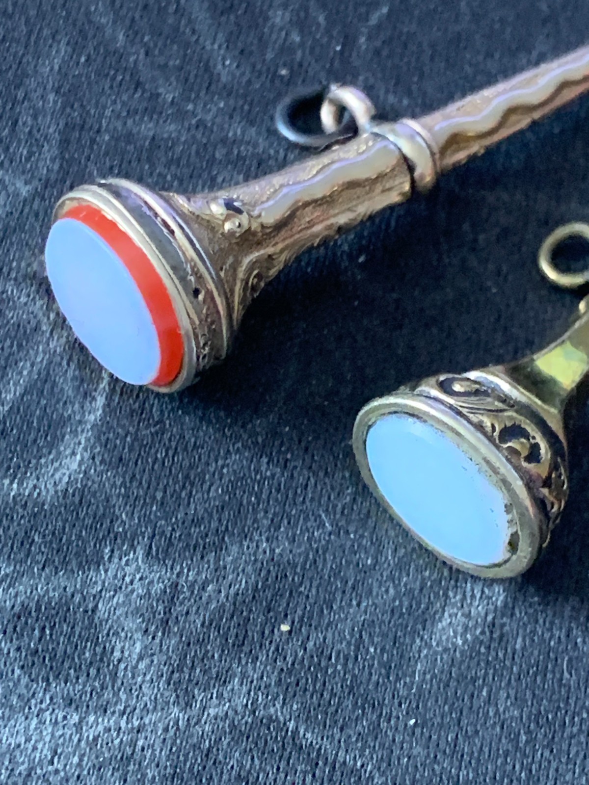 Pair Georgian-Victorian Hand Engraved Watch Key Trumpet Fobs with Agate Seal