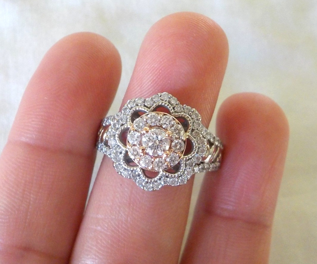 Vera Wang 14K Multi Gold Floral Diamond Halo Ring – 5.67 gms, Sz 7.75, 0.82 ctw