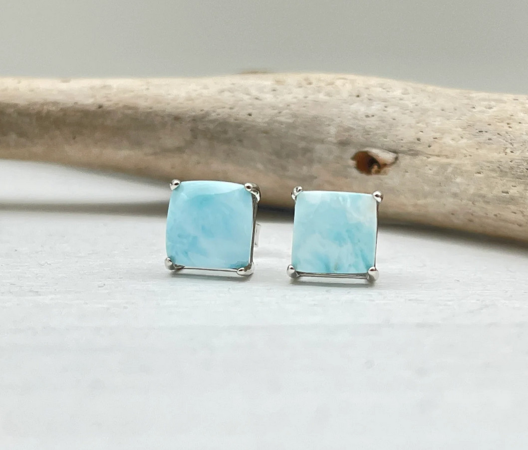 Natural Larimar 10×10 m 925 Sterling Silver Prong Setting Earrings for wife Gift