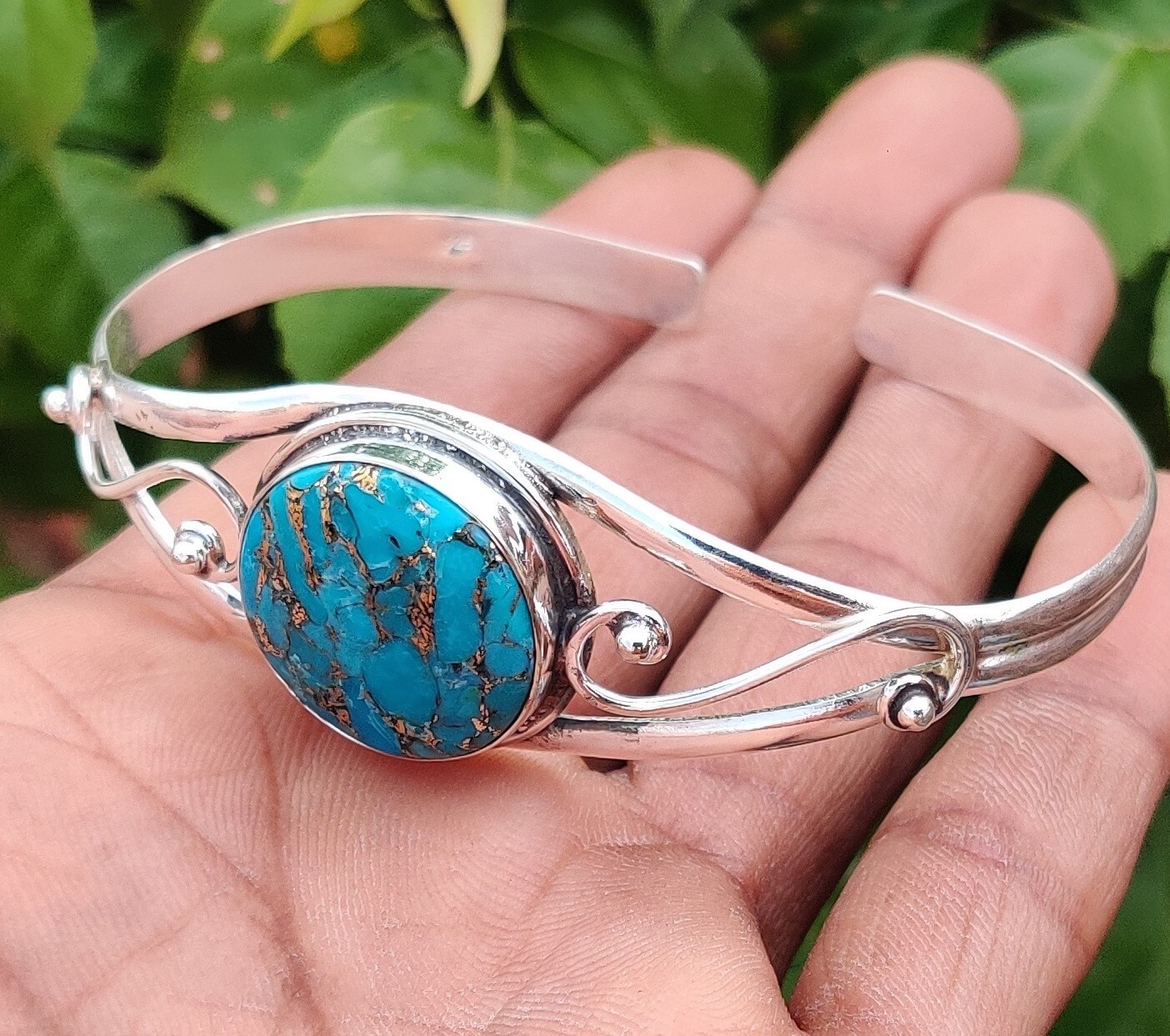 Blue Copper Turquoise Gemstone 925 Sterling Silver Adjustable Bangle MO2100
