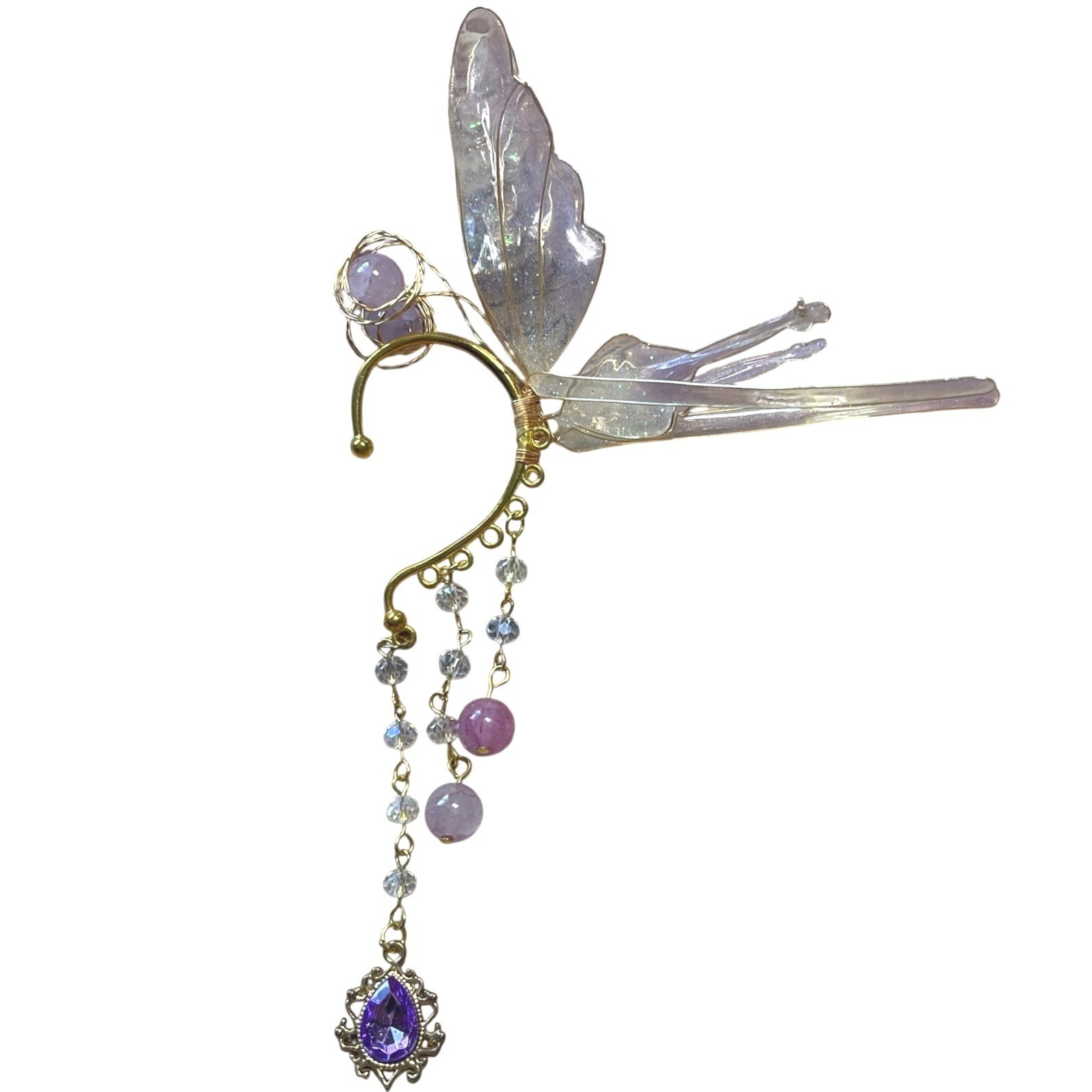 Purple Iridescent Fairy Wing Ear Cuff Gold Tone Dangle Crystal Fantasy Wrap