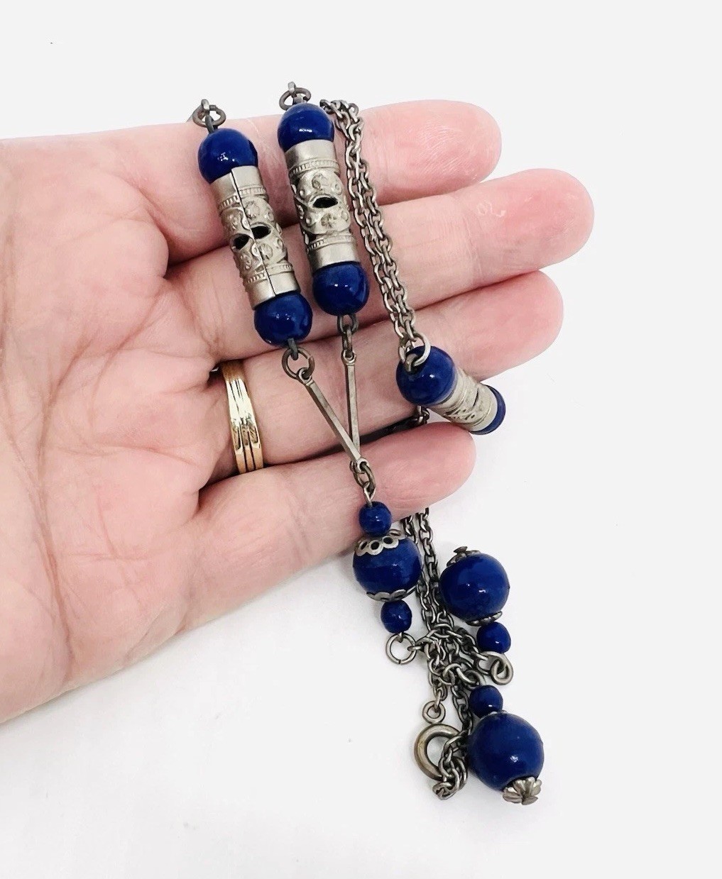 Long Art Deco Lapis Glass Beaded Sautoir Necklace 30 Inch Vintage Jewelry