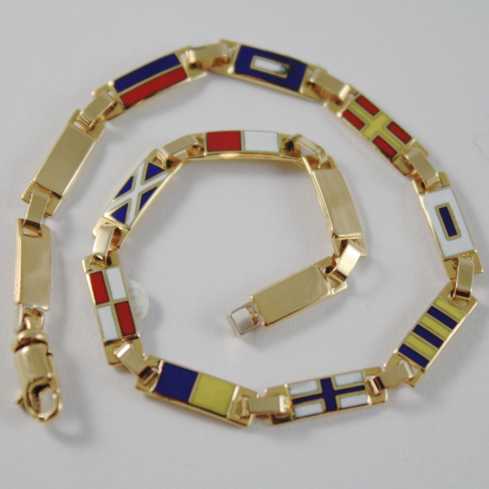 SOLID 18K YELLOW GOLD BRACELET ENAMEL 3.5mm NAUTICAL FLAGS, 8″, MADE IN ITALY