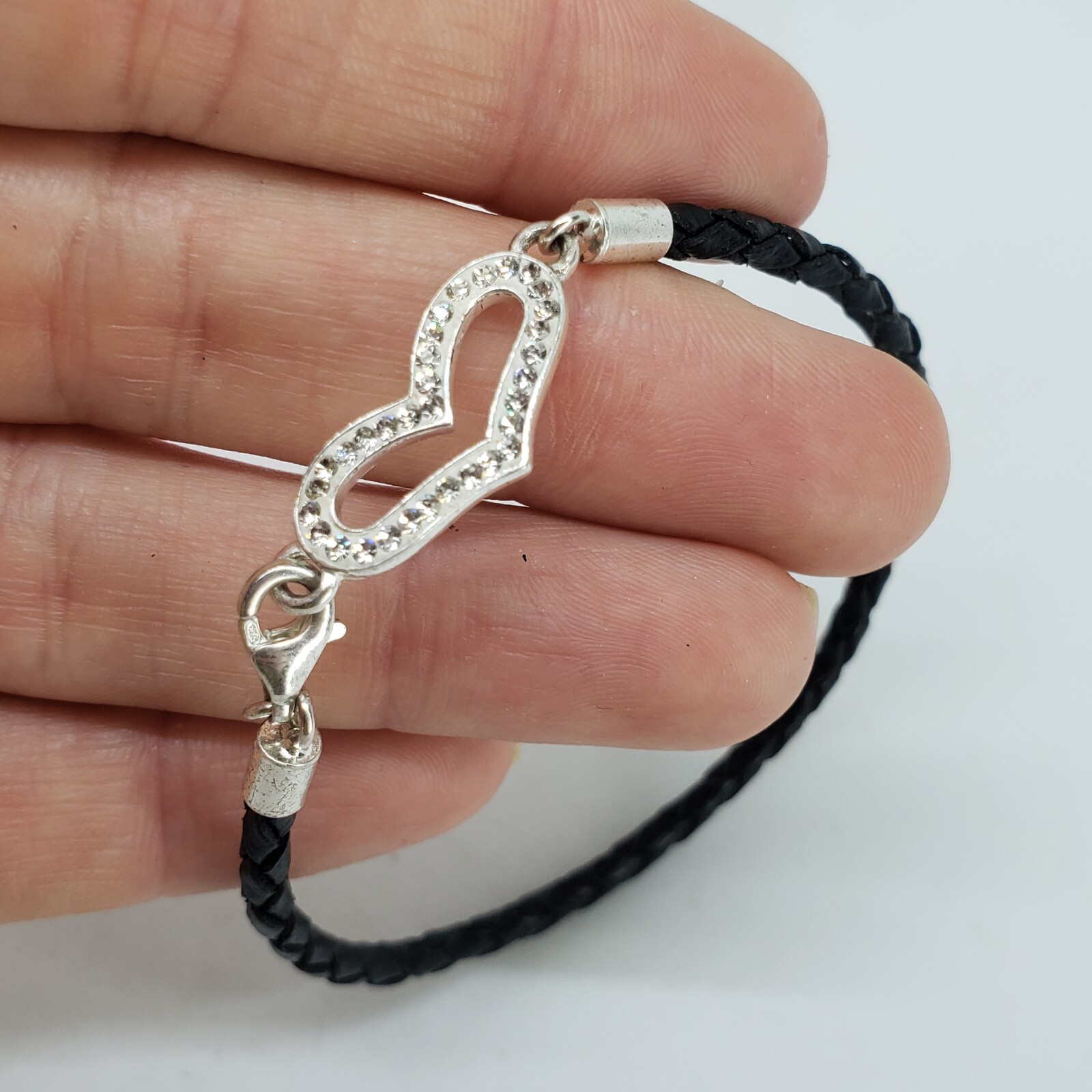 Marked 925 STERLING SILVER Crystal Heart Black Cord Bracelet