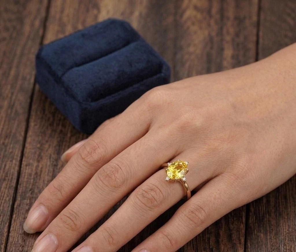 3.04 Ct Oval Cut Natural Sapphire Diamond Proposal Ring 14K Solid Yellow Gold