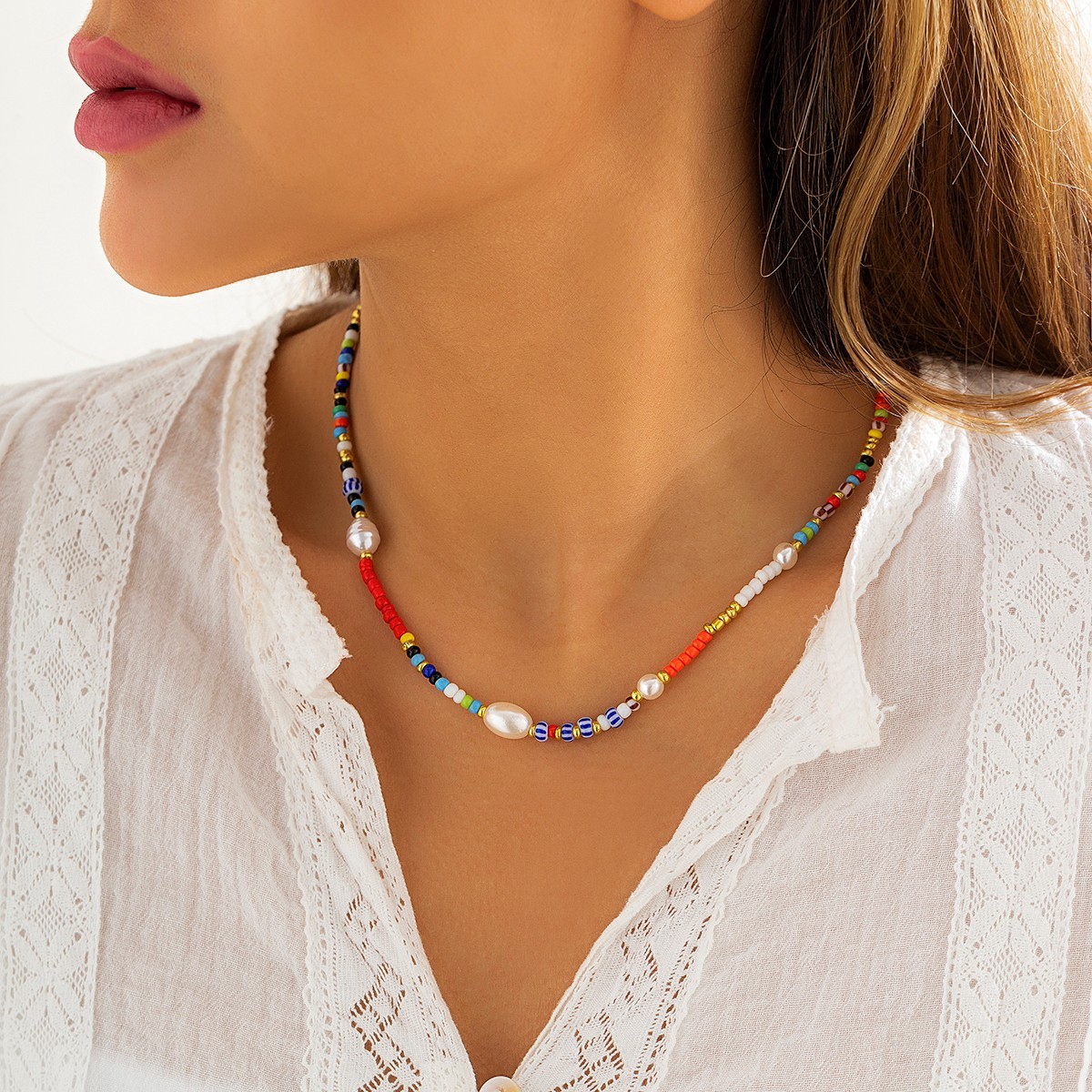 Korean Colorful Seed Bead Choker Necklace Women Simulated Pearl Boho Jewelry